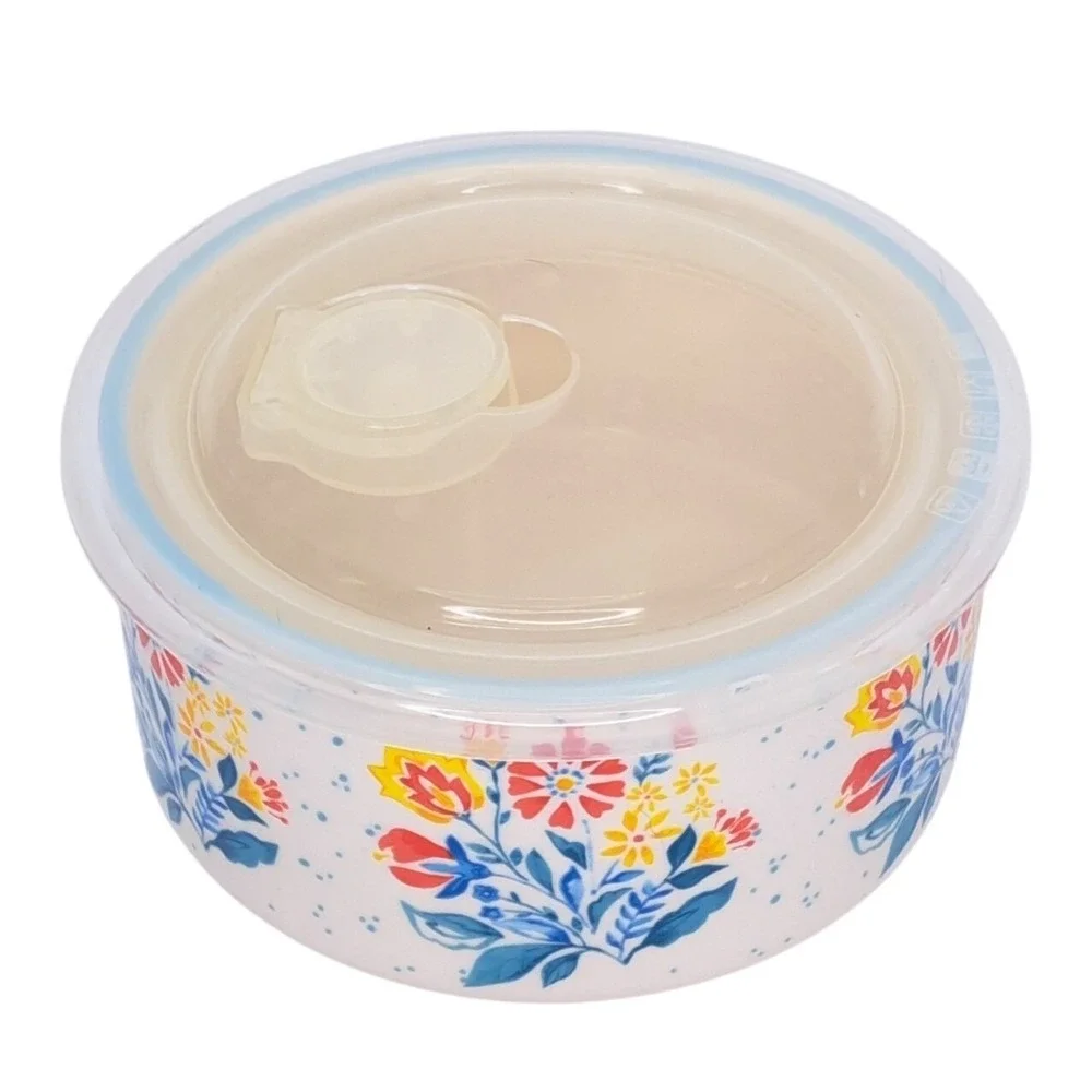 The Pioneer Woman Stoneware Storage Bowl Small White Floral Vented Lid Vintage